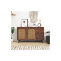 Kinsi - Buffet Bahut, Meuble de Rangement, Buffet, Buffet avec insert en rotin, largeur 130 cm, avec trois portes et deux tiroirs irréguliers 130 x