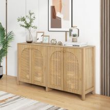 Buffet Bas Moderne - 4 Portes en rotin + 6 Étagères - Meuble d'Entrée mdf - Armoire de Salon Etagères réglables - 145x80x40cm Bois Naturel