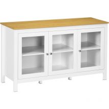 Buffet bas style classique chic - 3 portes vitrine verre, 2 étagères réglables - verre mdf panneaux blanc aspect bois clair
