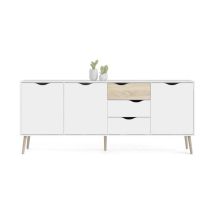 Buffet - Blanc / Chene - 3 Portes / 3 Tiroirs - Pietement Évasé En Bois Massif - 195,7 X 39,1 X 81,7 Cm - Tvilum