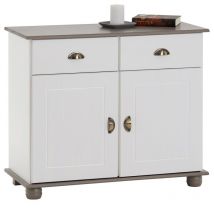Idimex - Buffet colmar en pin massif, 2 tiroirs et 2 portes, lasuré blanc et taupe