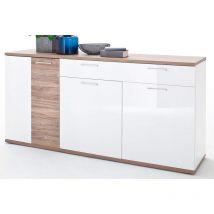 Pegane - Buffet coloris blanc brillant mat et chêne massif - Longueur 180 x Hauteur 86 x Profondeur 43 cm