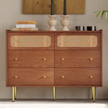 Buffet, Commode à 6 Tiroirs, Salle à Manger avec Crédence en Rotin