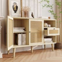 Buffet en bois, commode avec 1 tiroir et 2 portes magnétiques, tissage en rotin, pieds en bois massif, couleur chêne, 120x40x80 cm