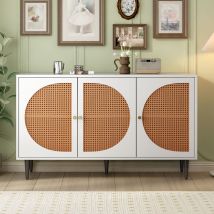 Jn.songs - Buffet, Commode avec 3 Portes Décoratives en Rotin, Meubles de Rangement en Rotin avec Poignées en Métal en Noyer Blanc