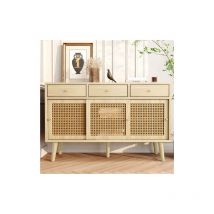 Buffet, commode avec 3 tiroirs et 3 portes coulissantes, tissage de rotin sur les façades des portes, pieds en bois massif, poignée noeud en métal