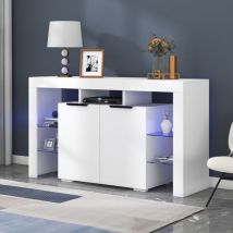 Wishdor - Buffet blanc brillance, buffet led, buffet salon avec 4 étagères en verre et 2 portes
