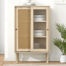 Ohjijinn - Buffet couleur bois de 100 cm de hauteur avec portes en rotin plastique et portes coulissantes en verre, avec 6 compartiments derrière les