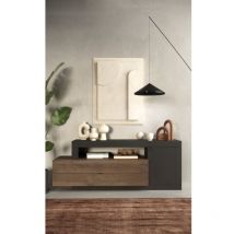 Meublorama - Buffet 1 puerta 2 cajones, colección domi, gris antracita/roble oscuro, para salón de diseño.