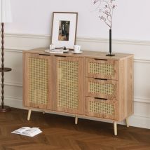 Wishdor - Buffet de cuisine, buffet canage avec 2 portes en canage et 3 tiroirs en canage, pour salle à manger, cuisine et salon, couleur bois