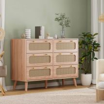 Nmonet - Buffet de rangement en rotin 100cm, 6 tiroirs, pieds en bois massif, poignées dorées, coloris bois, scandinave - Naturel