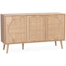 Sweeek - Buffet de rangement. Eva. cannage arrondis et décor bois. trois portes. deux niveaux . buffet bas. l 120 x l39 x H70cm
