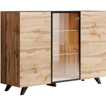 Buffet de salon bas 3 portes vitrine avec led 150 x100x40cm Meuble de rangement Modèle vienna A2 Couleur Chêne et Noir Finition Mat