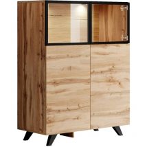 Buffet de salon bas 2 portes vitrine avec led 100 x123x40cm Meuble de rangement Modèle vienna A1 Couleur Chêne et Noir Finition Mat