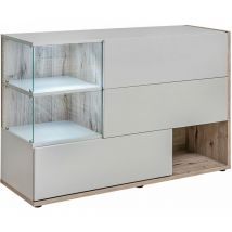 Buffet de salon bas 3 portes 2 vitrines avec led 120x77x40cm Meuble de rangement Modèle odin Couleur Gris Perle et Truffe Finition Brillante