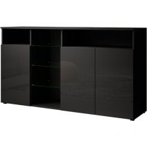Lettiemobili - Buffet de salon bas 3 portes avec led 150x82x40cm Meuble de rangement Modèle Clark l Couleur Noir Finition Brillante