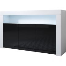 Muebles Bonitos - Buffet de salon bas 3 portes avec led bleue 155x91,5x37cm Meuble de rangement Modèle aker Couleur Blanc et Noir Finition brillante