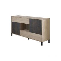 Buffet à deux portes et deux tiroirs, couleur chêne et oxyde, 151 x 80 x 41 cm.