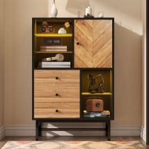 Modernluxe - Buffet haut avec led - 1 porte + 3 tiroirs + 5 compartiments - Naturel + Noir