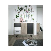 Zenzero Shop - Madia Lappo con gambe in metallo, 2 ante, 3 cassetti, finitura Quercia, Bianca, Grigio e Antracite l 120
