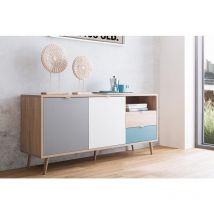 Zenzero Shop - Madia Lavik con gambe in legno, 2 ante 2 cassetti, finitura Quercia, Bianca, Petrolio e Grigia