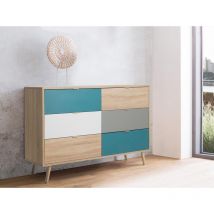 Zenzero Shop - Madia Lavik con gambe in legno, 6 cassetti, finitura Quercia, Bianca, Petrolio e Grigia