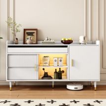 Fortuna Lai - Buffet led 140x38x76cm - avec portes coulissantes en verre et tiroirs - élégant buffet en bois pour salle à manger - blanc
