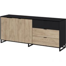Buffet meuble de rangement en mélamine coloris chêne et noir - Longueur 180 x profondeur 44 x Hauteur 75 cm Pegane