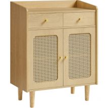 Buffet, Meuble de Rangement, Placard avec Portes et Tiroirs en Rotin, Étagère Réglable, Style Bohème, pour Salle à Manger, Salon, Beige Chêne