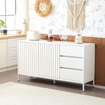 Okwish - Buffet minimaliste moderne blanc de 1,5 m, armoire de rangement, motif de vagues, étagères réglables, 3 tiroirs, adapté à la cuisine, au