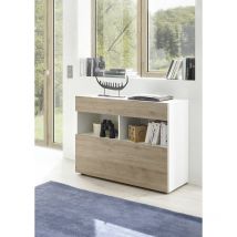 Zenzero Shop - Madia moderna, 1 anta ribalta 1 cassetto, finitura Bianco laccato lucido e Rovere samoa
