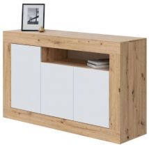Buffet moderne à 3 portes, meuble tv de salon, buffet de cuisine, Cm 144x42h87, couleur chêne avec effet nœuds et blanc