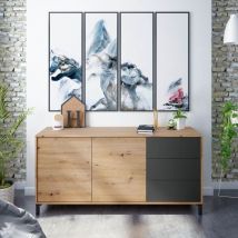 Buffet moderne avec 2 portes et 3 tiroirs, Meuble tv de salon, Buffet de cuisine, Cm 154x41h74, Couleur chêne avec effet nœuds et Anthracite