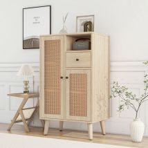 Buffet aspect bois, 2 portes en rotin, 1 tiroir, meuble d'angle, commode, buffet de rangement, couleur chêne clair, 60x40x101cm