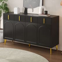 Wishdor - Buffet noir, buffet salon avec poignées et pieds dorés, 4 portes, 4 tiroirs, avec stratifié amovible, pour salon et salle à manger