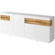 Meublorama - Buffet, Sideboard, Anrichte kiles mit drei Türen, zwei Schubladen. Farbe Weiß und Eiche. Designstil.