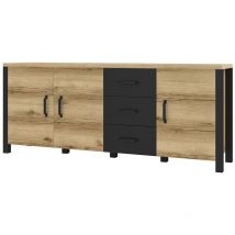 Buffet XL 190cm colección DARWIN. Color roble claro y negro. 3 puertas y 3 cajones.