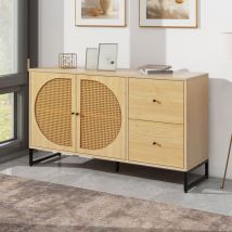 Lunsy - Buffet,Meuble d'Entrée, 140X40x75CM,Armoire de Rangement,2 portes décorées en rotin et 2 tiroirs Commode