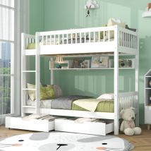 Abrihome - Bunk Bed, 3FT Solid Pine Wood Single Bed Frame for Kids Children, Under Bed Slide Drawer Storage, with Shelf, White (90x190cm)