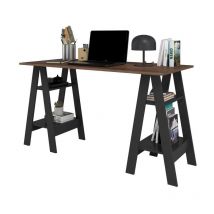 Beaux Meubles Pas Chers - Bureau 2 Tréteaux 4 Niches Noir et Châtaignier l 135 h 75 p 60 cm
