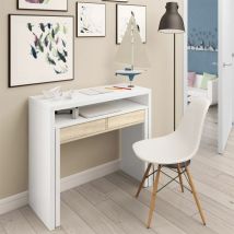 Usinestreet - Bureau mobile Madrid. Table console extensible 99 cm (largeur) x 88 cm (hauteur) x 36 cm (profondeur) - Chêne Canadien - Artik Blanc