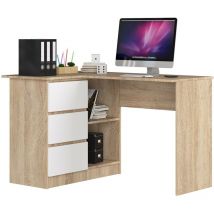 Akord - Bureau d'angle Chêne Sonoma 124 cm 3 tiroirs façade Blanche 2 étagères 124x85x77 cm