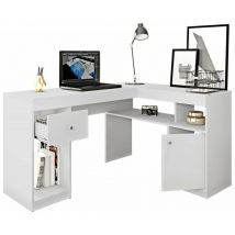 Bureau d'Angle Blanc avec Caisson et Rangements