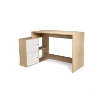 Bureau d'angle en forme de L BOB avec portes façon hêtre et blanc