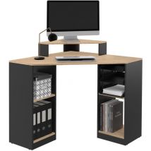Bureau d'angle HARRY noir et façon hêtre gain de place bureau informatique avec rangements