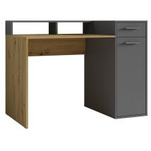 Bureau OFFICE avec caisson de rangement et support écran - Coloris gris et chêne - 120 x 90 x 65 cm