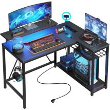 Bureau en Forme de L avec Prises de Courant et Lumières LED Bureau d'angle avec Étagères Bureau d'Ordinateur Réversible pour Bureau à Domicile,