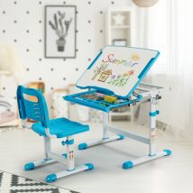 Bureau Enfant à Hauteur Réglable Inclinable 0-45° Ensemble Table et Chaise avec Plateau 1 Tiroir et Crochet en Métal Bleu Maison Chic