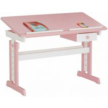 Bureau enfant flexi, en pin massif, réglable en hauteur et plateau inclinable, lasuré blanc et rose