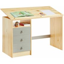 Idimex - Bureau enfant kevin, en pin massif, 3 tiroirs et plateau inclinable, vernis naturel et lasuré gris